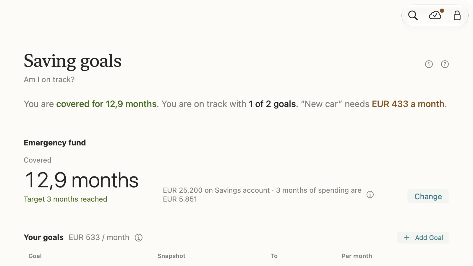 centino, Saving goals: emergency fund and goals