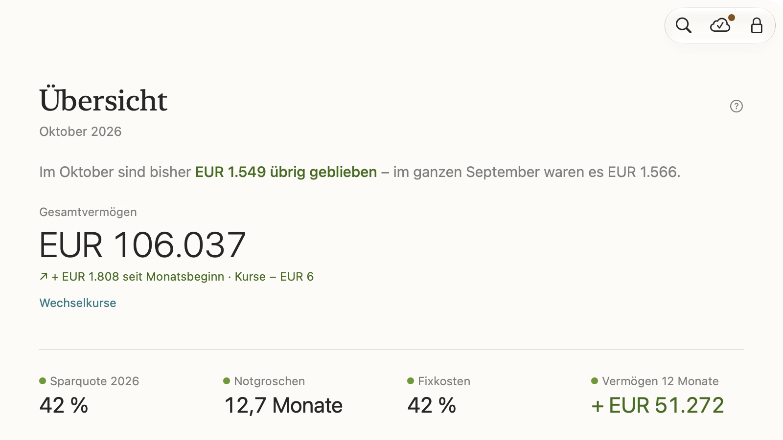 centino, Übersicht: übrig gebliebenes Geld, Gesamtvermögen und Sparquote