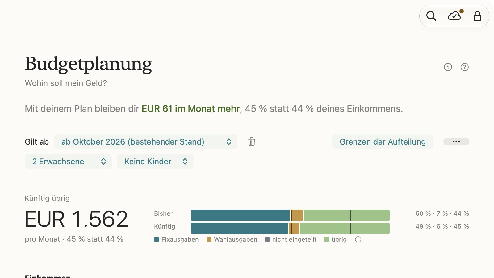 centino, Budgetplanung: bisher und künftig je Haushaltsposten