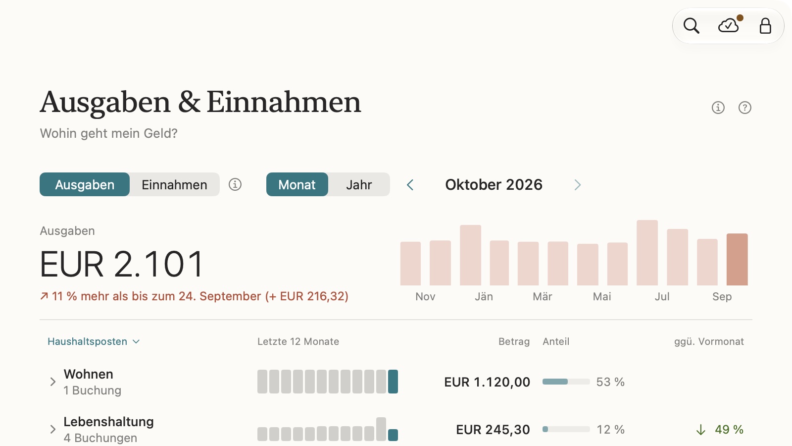 centino, Ausgaben & Einnahmen: Ausgaben nach Kategorien als Balken