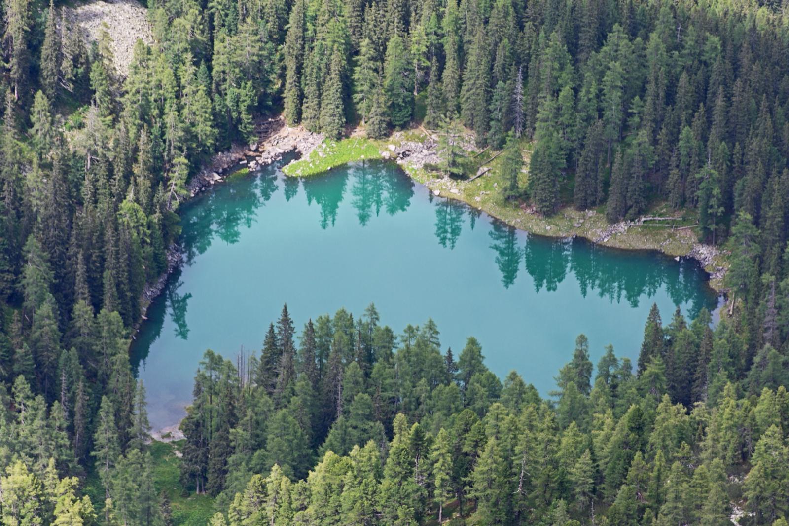 Türkiser See im Wald, von oben